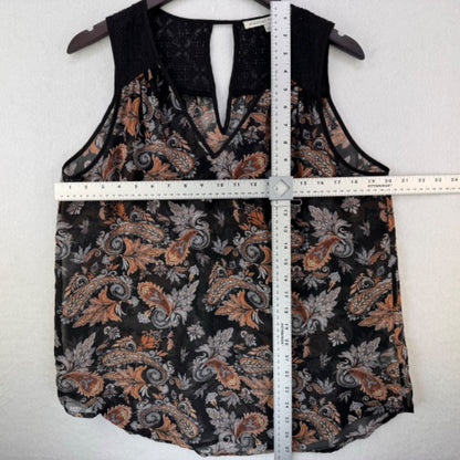 Daniel Rainn Ladies Blouse Sz L Sheer Black Tan Gray paisley Lace neckline