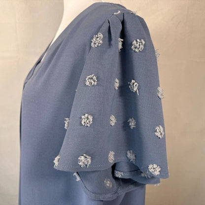 Aokosor Blouse Sz 2XL Light Blue VNeck front pleat Swiss Dot PomPom Short Sleeve