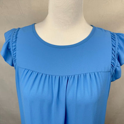 LOFT  Sz XS Yoke Top Blue Boat Neck Sleeveless Pullover Keyhole Flare Sleeves