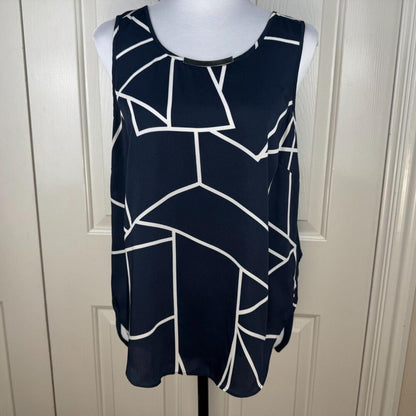 DKNY Women Blouse Sz M Navy Geo Print Round Neck Sleeveless Flowey Sheer Back