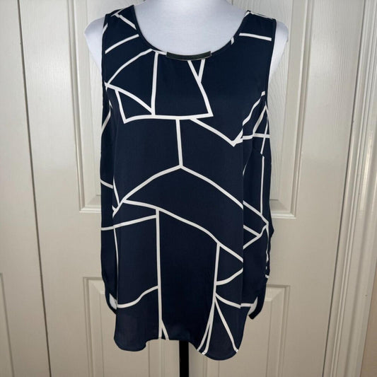 DKNY Women Blouse Sz M Navy Geo Print Round Neck Sleeveless Flowey Sheer Back