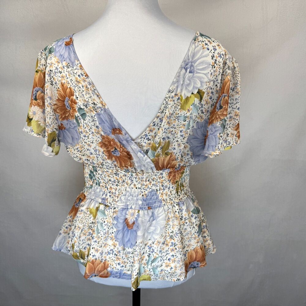 Meraki Women Sz S Top Floral Shirred Waisted Peplum Buttons VNeck Flared Sleeves