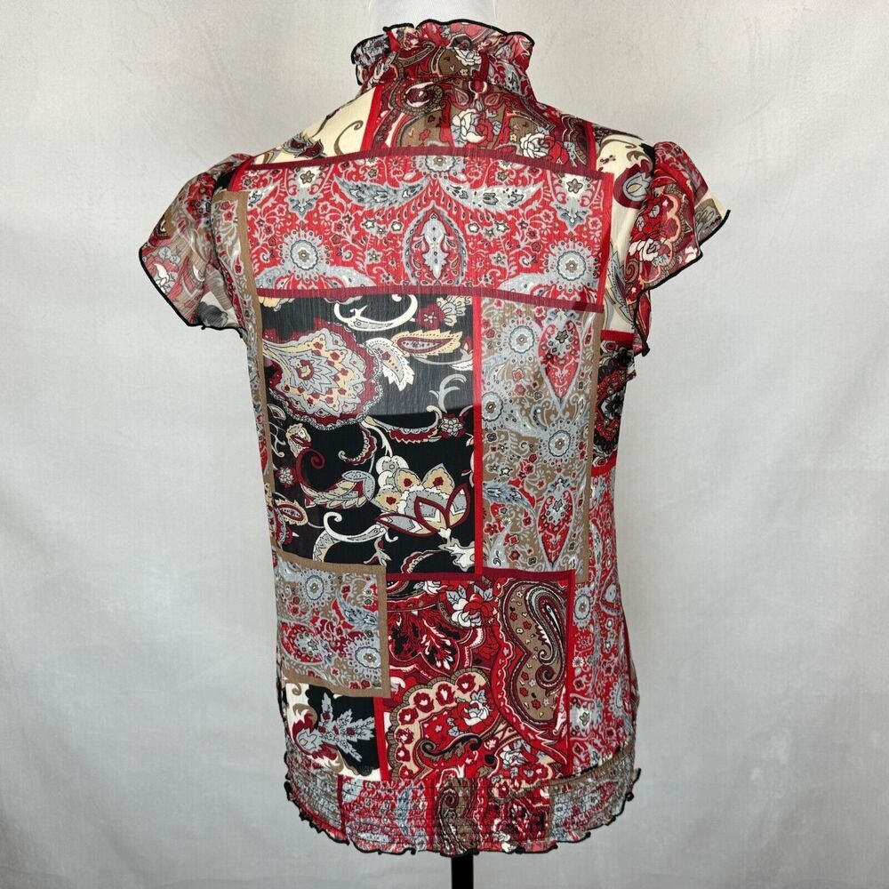 Iz Byer Blouse Sz M Black Multicolor Split Buttoned Neck Short Sleeve with Cami