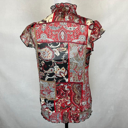 Iz Byer Blouse Sz M Black Multicolor Split Buttoned Neck Short Sleeve with Cami