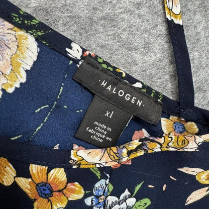 Halogen Blouse Sz XL Navy Blue Floral Print V-Neck Cap Sleeve Back Strap