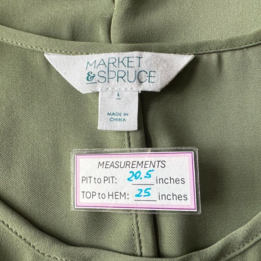 Market & Spruce Tunic Sz L Green Round Neckline Long Cut Out Sleeve Split Back