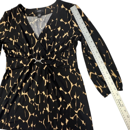 Alfani Faux Wrap Stretch Top S Black Tan Abstract Print Metal Link Ruched back