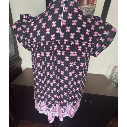 Rose & Olive Top Sz S Black Floral Ruffle Crew Neck Crochet Trim Flutter Sleeve
