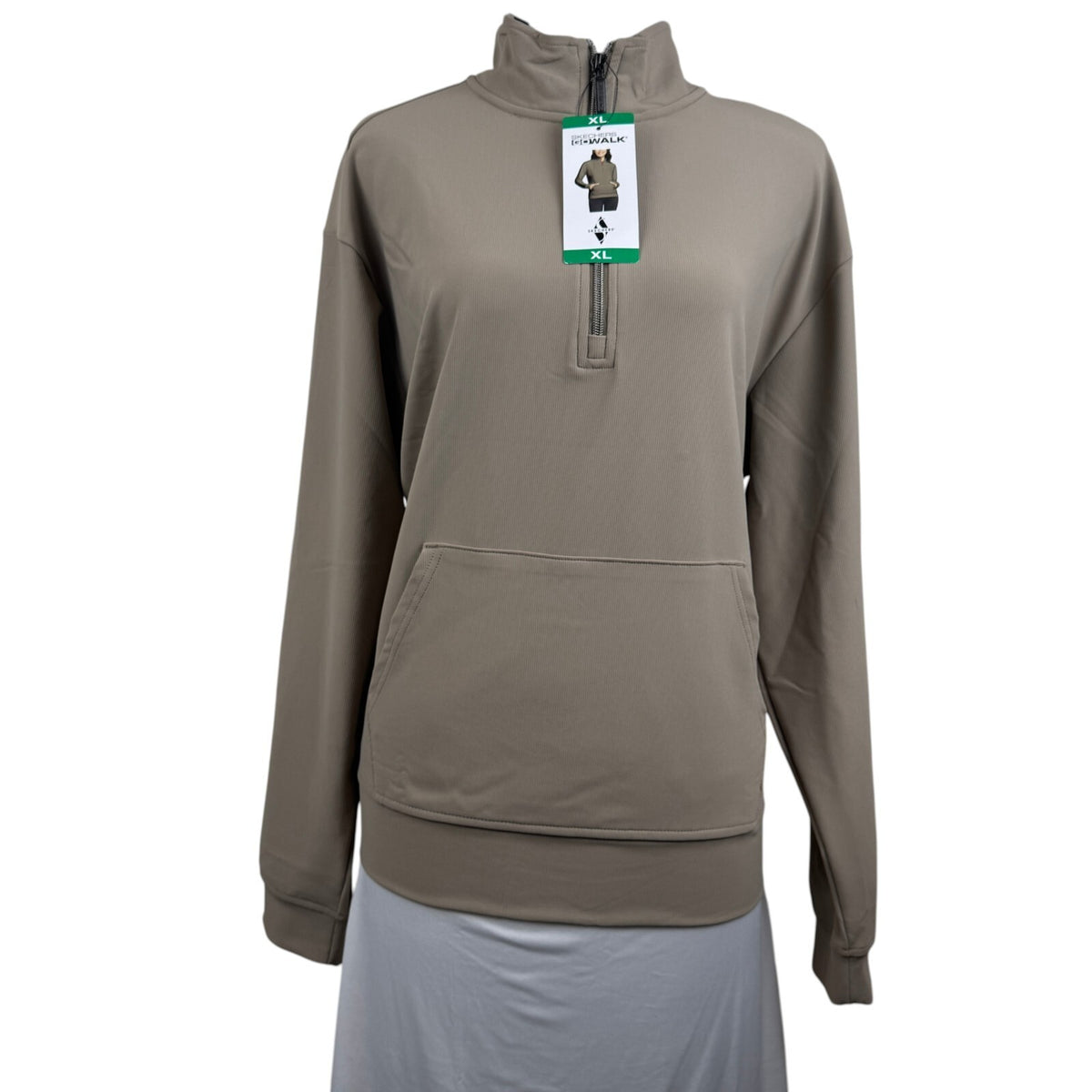 A women's long-sleeve quarter-zip pullover in taupe, displayed on a mannequin torso with a hangtag attached. The garment features a mock neck, a front kangaroo pocket, and ribbed cuffs and hem.