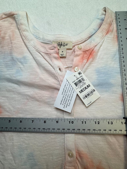 Style & Co Top Women Sz M Peach Blue Dye Knit Shirting Long Sleeve Henley NWT