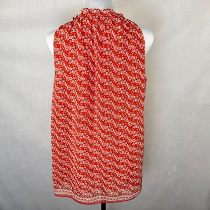 Max Studio Blouse Sz M Red Floral Ruffle Neck Drawstring Tie Lined Sleeveless