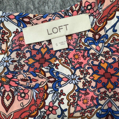 LOFT Women Top Sz S White Multicolor Boat Neck Cap Flutter Sleeve Back Cut Out