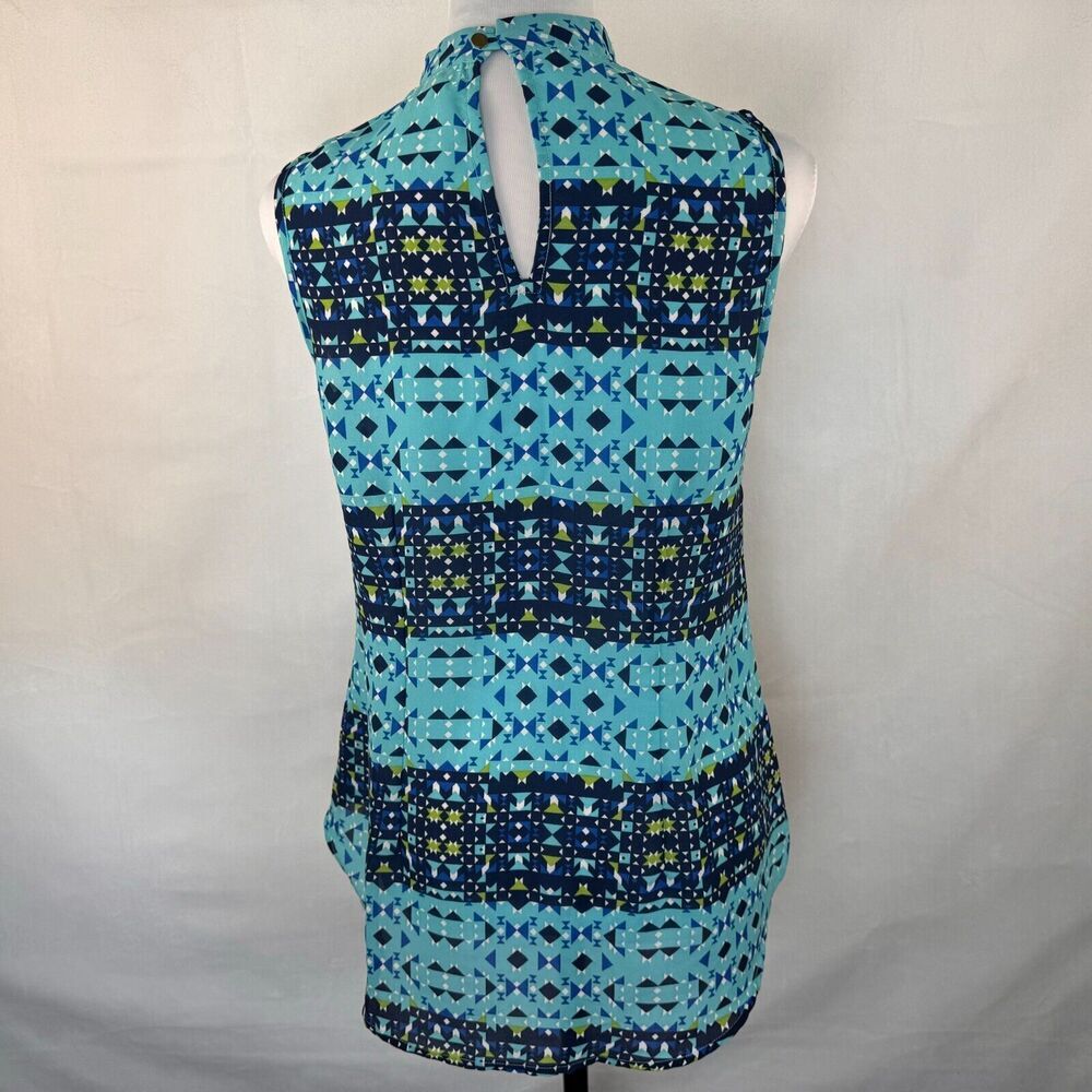 Zaiva A Ladies Blouse Sz M Floral High Crew Neck Sleeveless blue geometric print