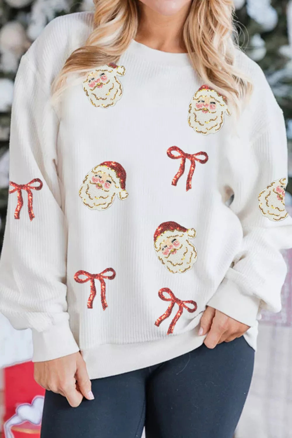 Simply Love Women's Christmas Santa & Red Bow Sequin Sweatshirt