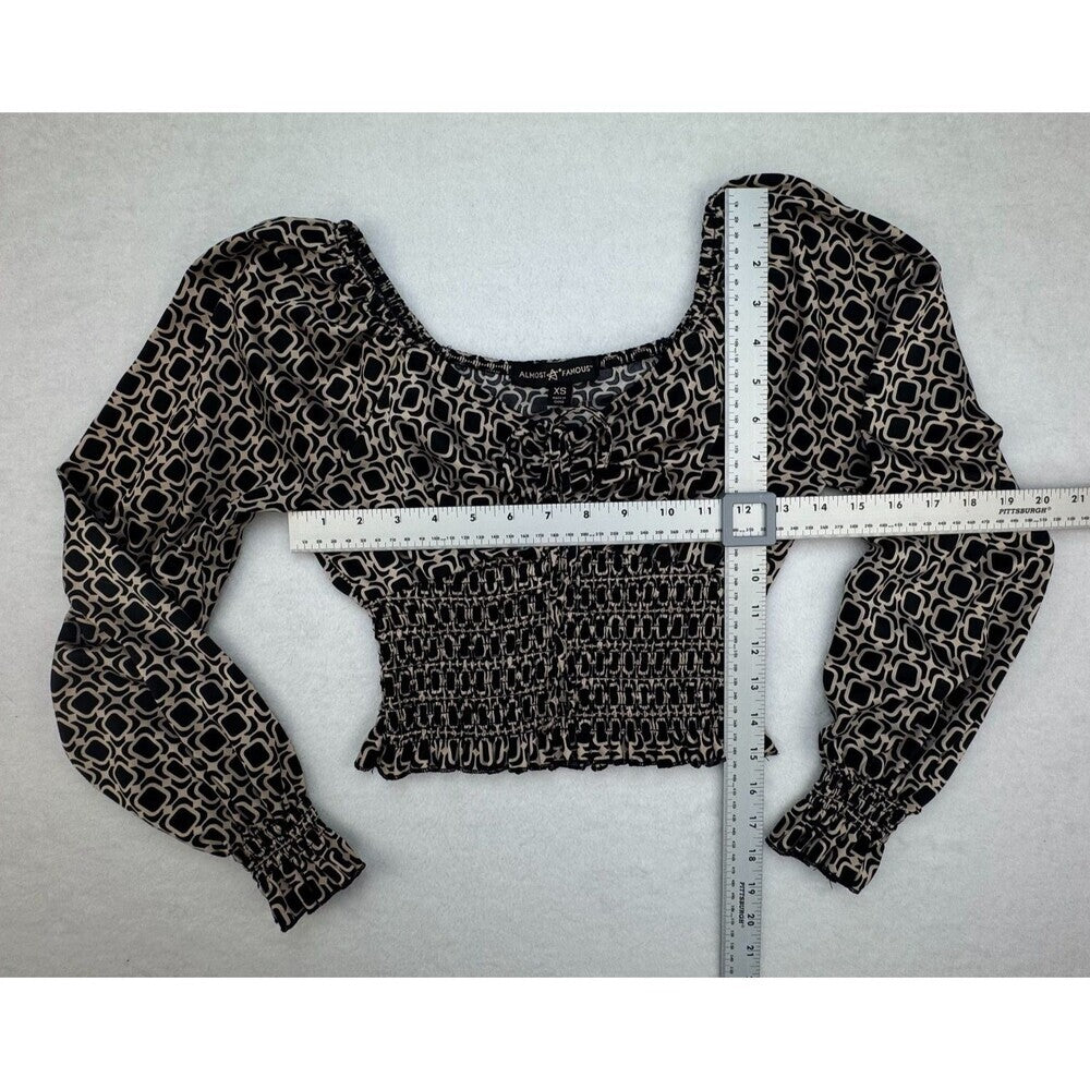 Almost Famous Crop Top Sz XS Satin Black Taupe Sweetheart Neck Long Sleeve