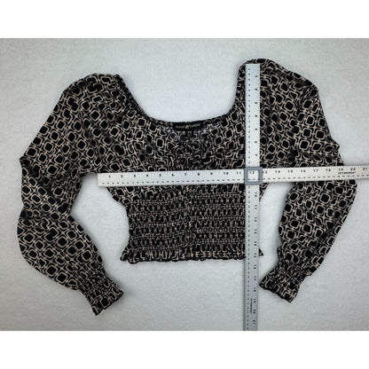 Almost Famous Crop Top Sz XS Satin Black Taupe Sweetheart Neck Long Sleeve