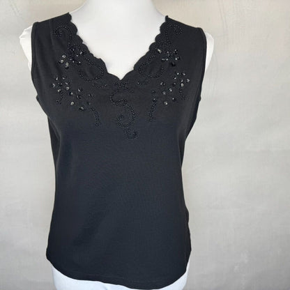 Dressbarn Women Sz M Black Cotton Knit Sequined VNeck Beaded Sleeveless