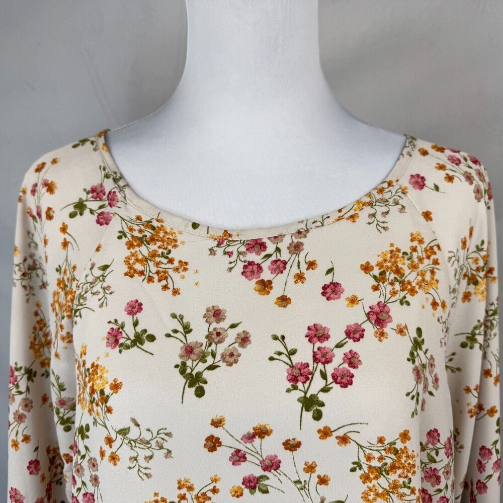 Papermoon Women Sz L Sheer Beige Floral Print Boat Neck Long Sleeve Zipper