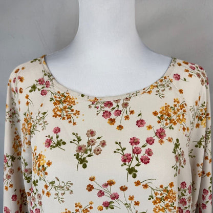 Papermoon Women Sz L Sheer Beige Floral Print Boat Neck Long Sleeve Zipper