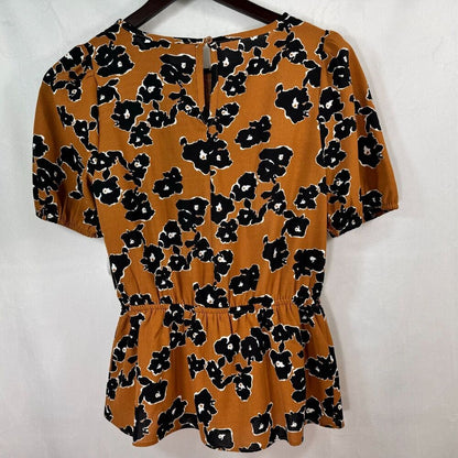 NINE WEST Blouse Sz XS Smocked Brown Animal Print Peplum Hem ruched top