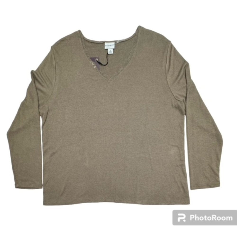 Ava Aviv Women Sweater Size 1X Beige Front Gathered Lace Trim NWT