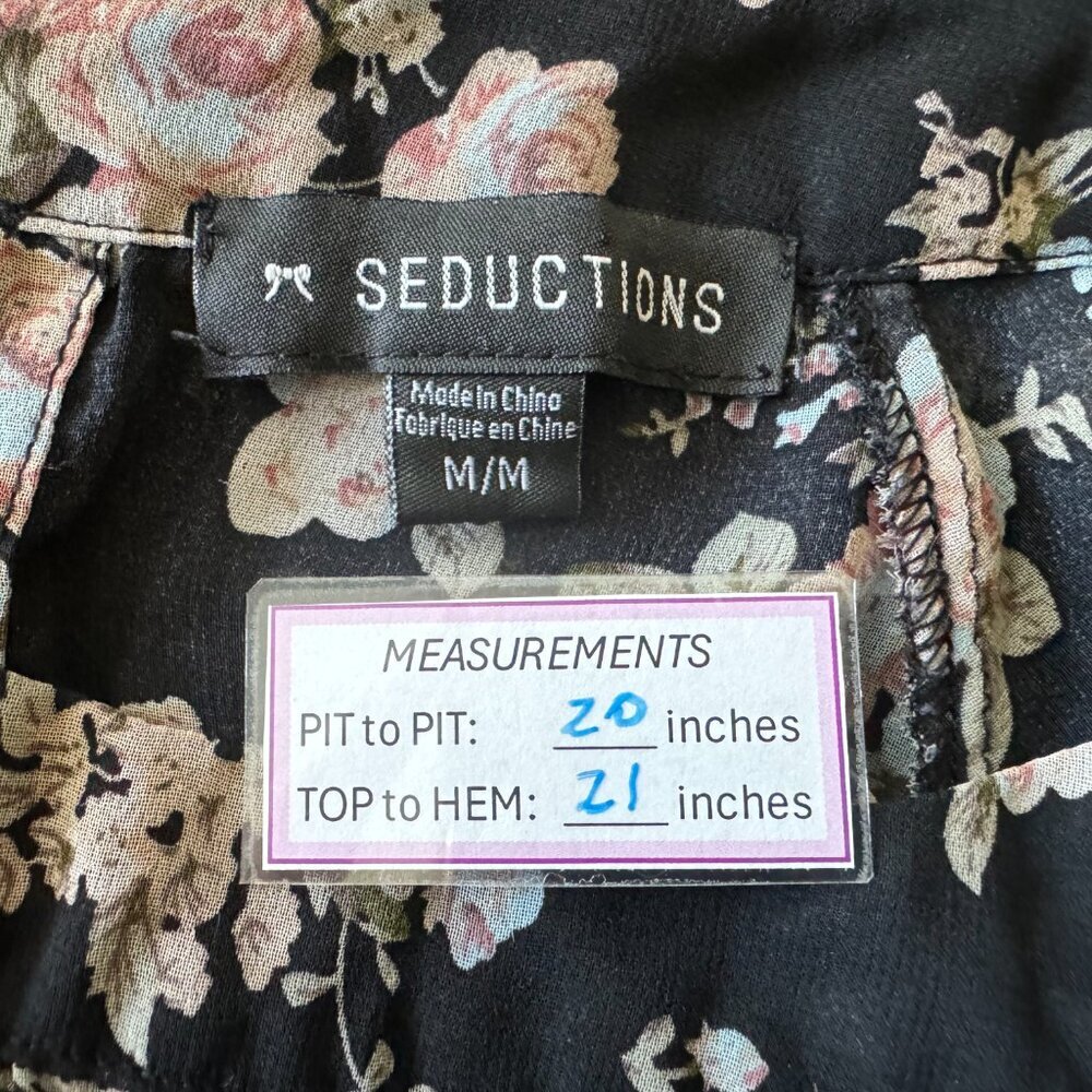 Seductions Women's Floral Sheer Blouse Size XL Black Long Sleeve Boho Romantic