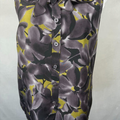 J Crew Top Sz 2 Floral Black Purple Yellow Ruffle Neck Button Down 100% Silk