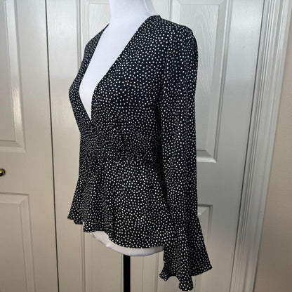 Lulus Women Blouse Sz XS Black White Polka Dot Peplum Wrap Flutter Long Sleeve