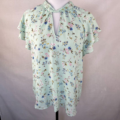 Pleione Top Sz L Sheer Green Floral Tie Around Neck Flutter Short Sleeve