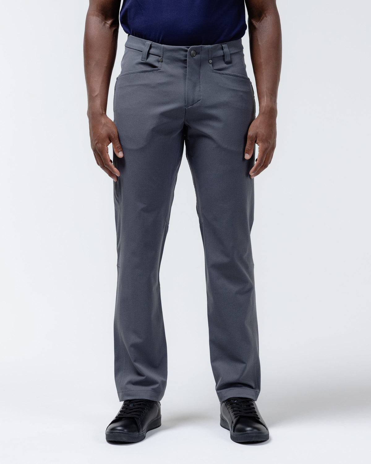 Black Crest men's Passage Chino pants in charcoal gray, front view showing straight-leg fit and tailored casual style.