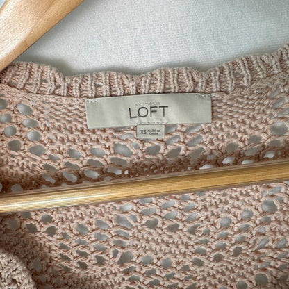 Loft Sweater Sz XS Pullover Open Knit Pale Pink Scalloped VNeck Ribbed waistline