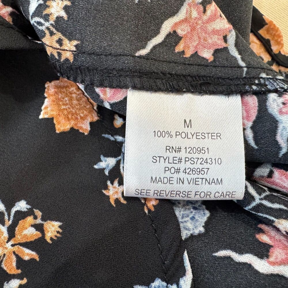 Pink Rose Women Blouse Sz M Sheer Black Floral Print Cap Sleeve Lightweight