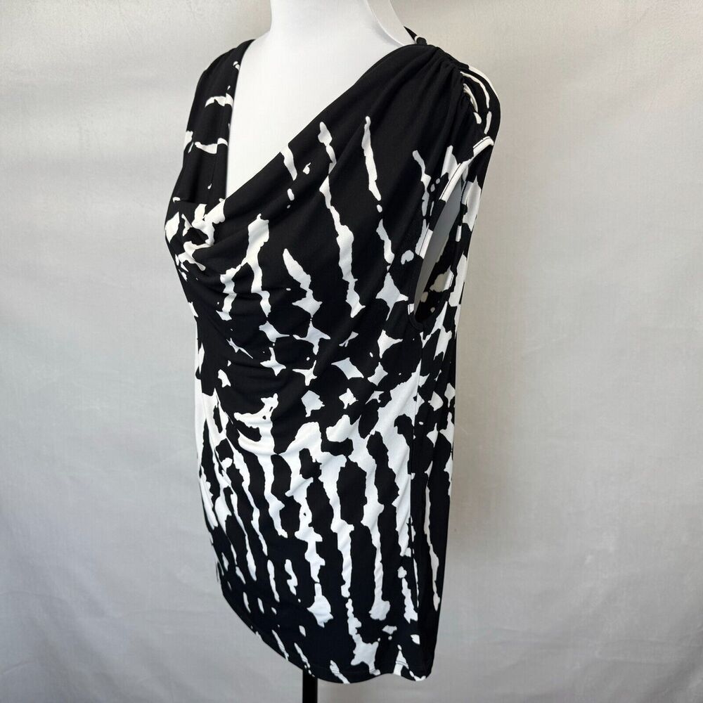 Calvin Klein Women Sz M Black White Print Cowl Neck Drape Cap Sleeve Designer