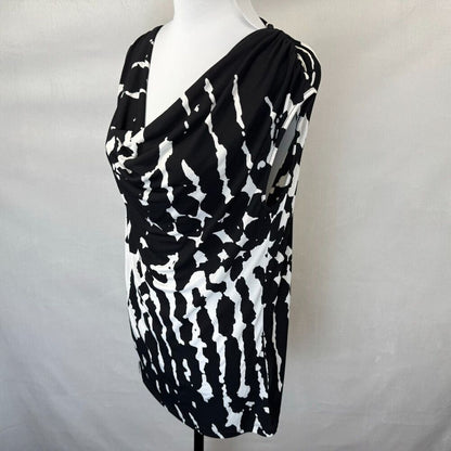 Calvin Klein Women Sz M Black White Print Cowl Neck Drape Cap Sleeve Designer