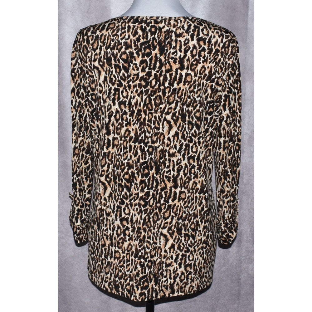 Dressbarn Animal Print 3/4 Sleeve 1/2 Button Stretch Brown - Size Large