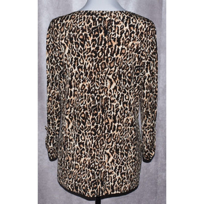 Dressbarn Animal Print 3/4 Sleeve 1/2 Button Stretch Brown - Size Large
