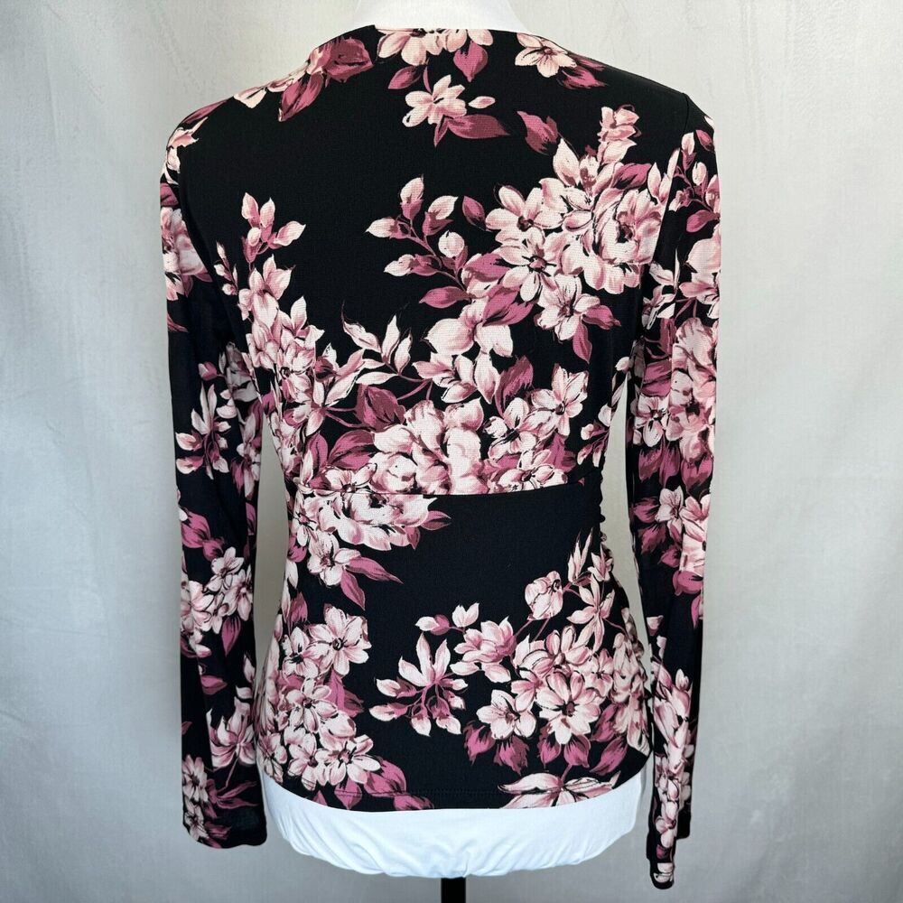 INC International Concepts Ladies Sz M Black Top Pink Floral Faux Wrap Peplum