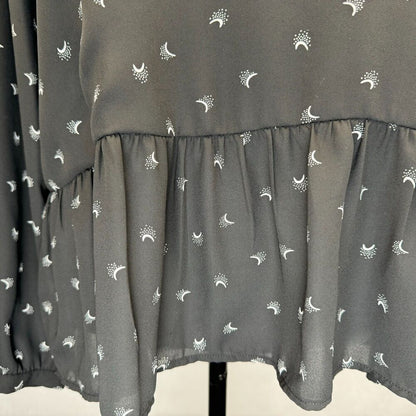 Loft Top Ladies Sz S Black Moon Print V-Neck Long Sleeves Peplum