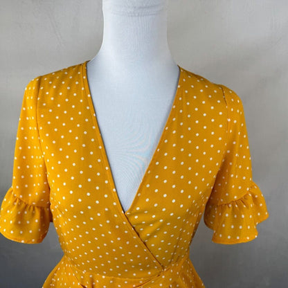 Forever 21 Blouse Sz M Peplum Wrap Polka Dot Ruffle Sleeve Butterscotch