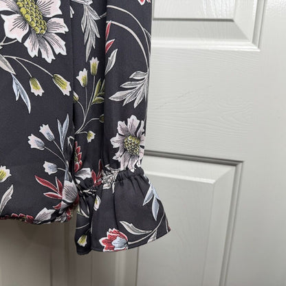 LOFT Women Blouse Sz M Charcoal Floral VNeck Long Sleeve Button Down Ruffle Cuff