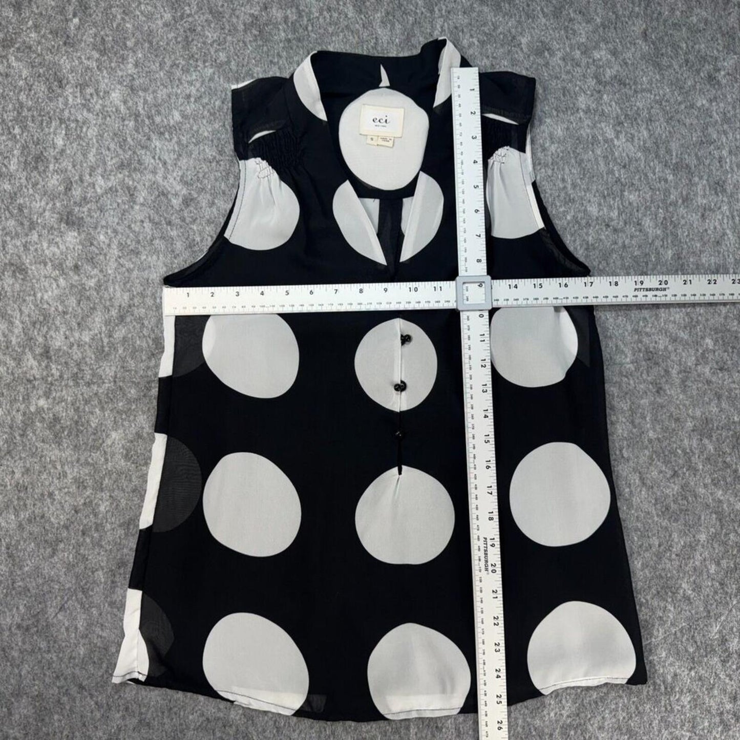 ECI Blouse Sz S Sheer Black White Large Polka Dot Front Buttons VNeck Sleeveless
