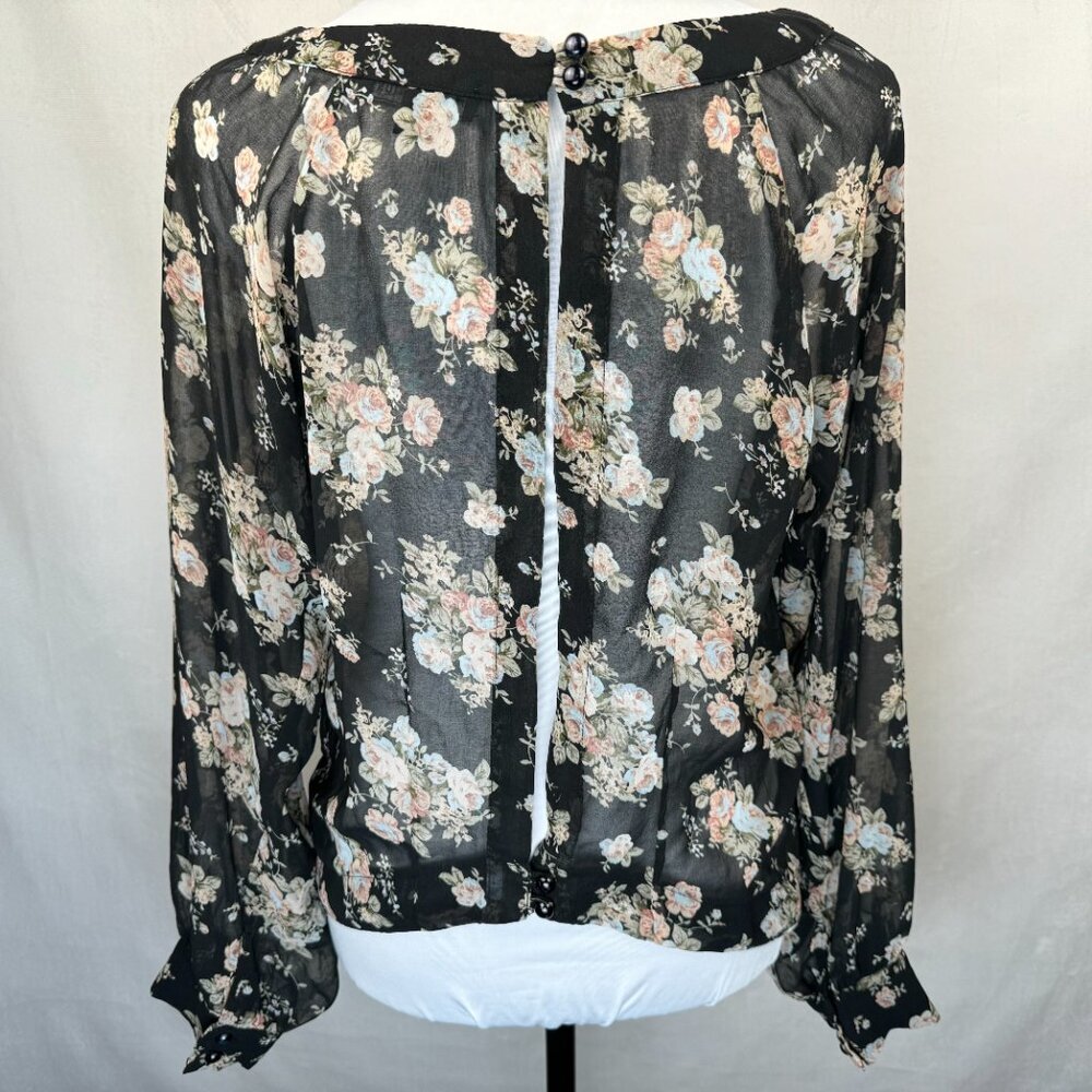 Seductions Women's Floral Sheer Blouse Size XL Black Long Sleeve Boho Romantic