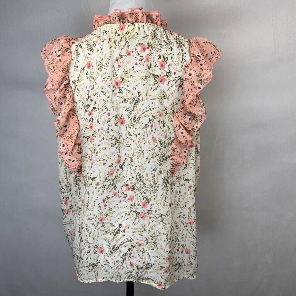 Studio B By Bobeau Sz L Floral Ruffle Sleeves Semi Sheer Tie Neckline