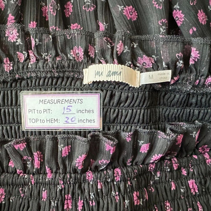 Mi Ami Top Sz M Sheer Cropped Black Square Neck Floral Long Sleeve