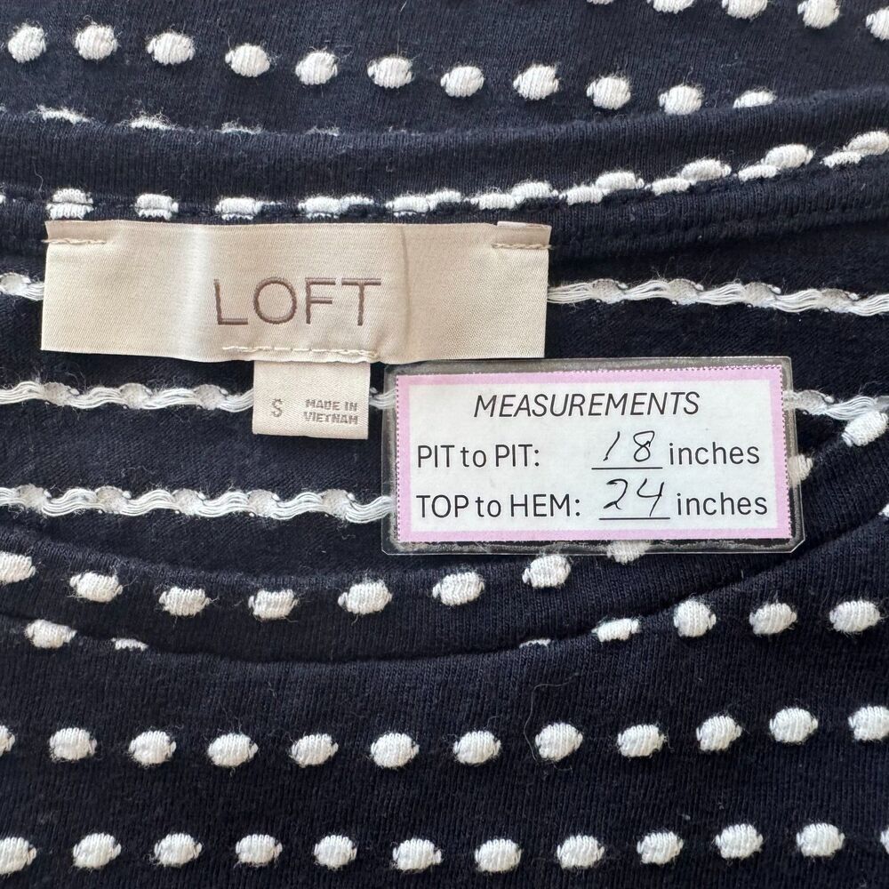 LOFT Knit Top Sz S Navy Embroidered White Polka Dot Ballon Sleeve Boat Neck