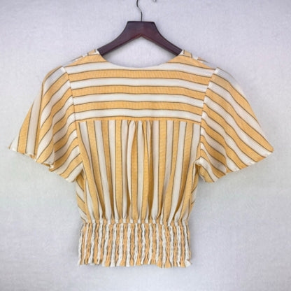 Monteau Ladies Crop Top Sz S Striped V-Neck flutter Sleeve Shirred Waist