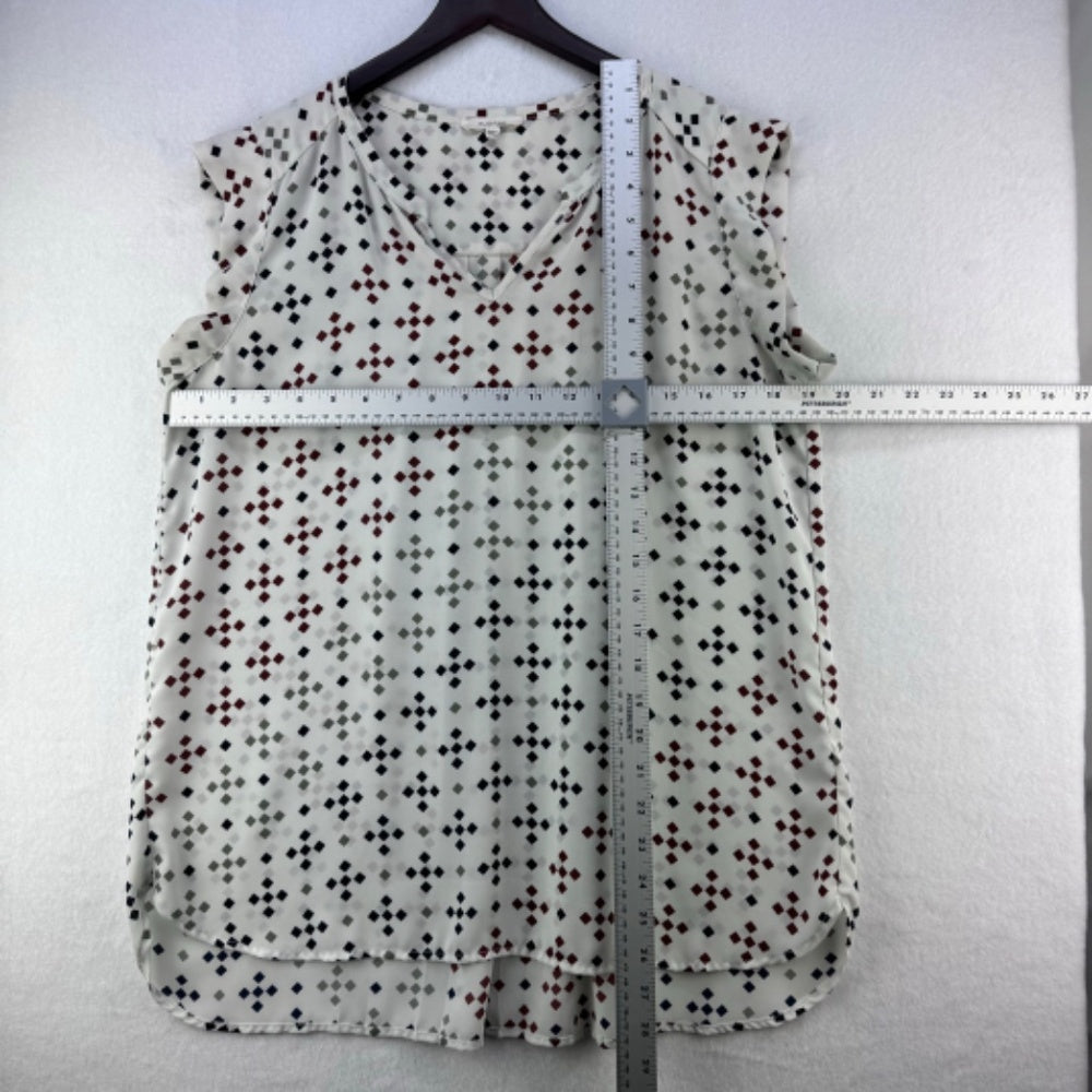Pleione Top Women Sz M Cream blue red gray squares cap sleeves pleated back