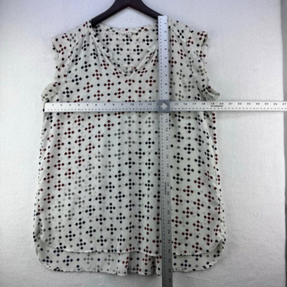 Pleione Top Women Sz M Cream blue red gray squares cap sleeves pleated back