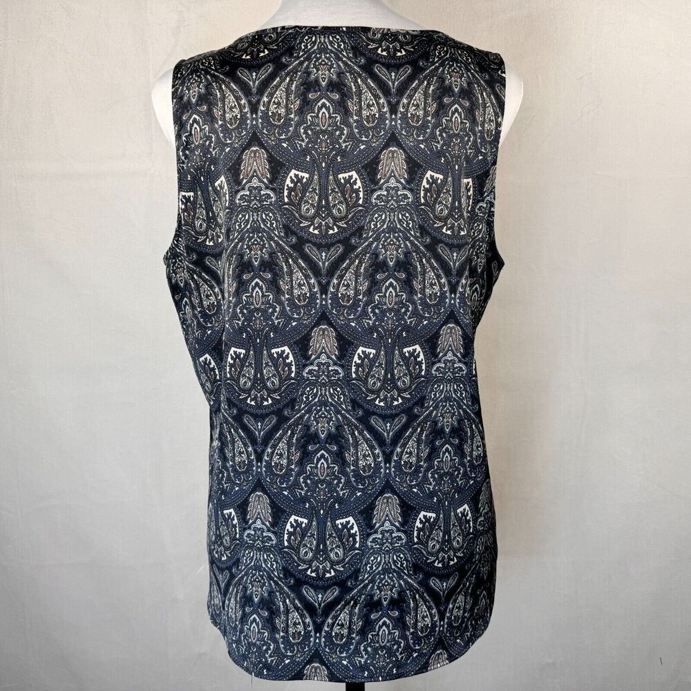 Ann Taylor Ladies Blouse Sz M Black Blue White Paisley Pleated Front Round Neck
