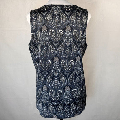 Ann Taylor Ladies Blouse Sz M Black Blue White Paisley Pleated Front Round Neck